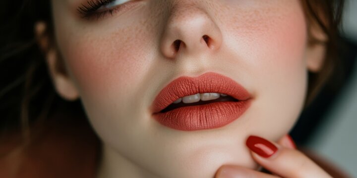 Beautiful Young Woman with Flawless Skin and Alluring Red Lips in Glamorous Makeup Portrait