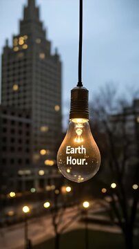 Bright glowing light bulb shows Earth Hour. Sustainable energy reduction theme against a dark urban skyline. Distant city lights appear soft and warm, promoting planet care.