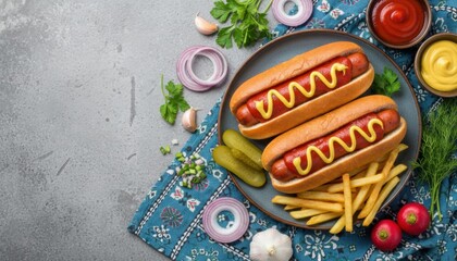 Two classic grilled hot dogs with mustard and ketchup are served on a plate with french fries and fresh vegetables on a grey concrete background with copy space