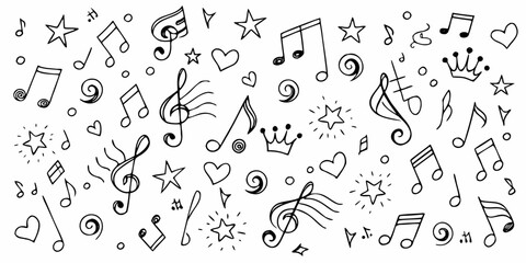 Fototapeta premium Hand drawn music notes hearts stars and crowns on white background