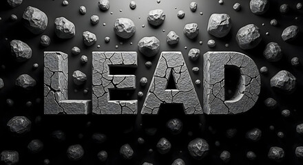 Stone textured lead typography with cracked surface and rock formations on a dark background creating a dramatic and conceptual design element for industrial or geological themes