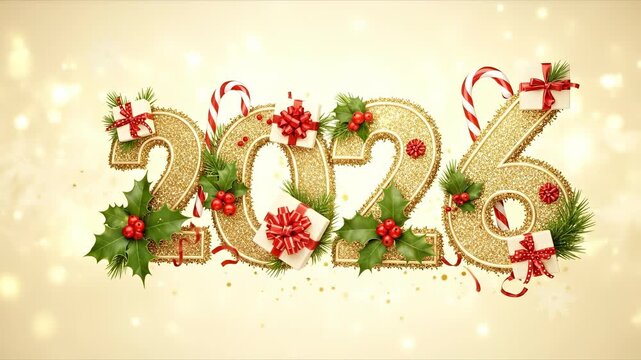 Celebrate New Year 2026 with style. Golden glitter effect illuminates the numbers text against a bright background. Holiday decorations enhance the happy occasion in this festive short