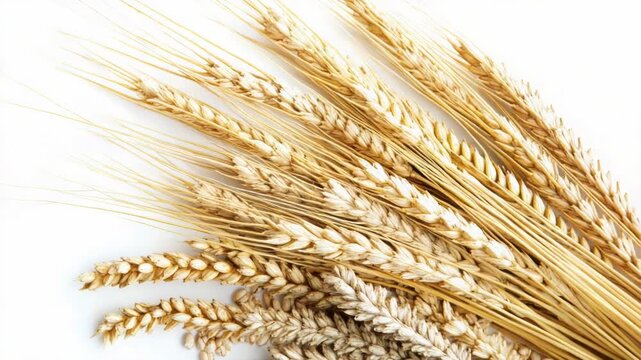Video A close-up shot of a bundle of wheat on a white surface, perfect for agriculture-related designs or rustic-themed projects