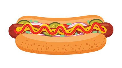Delicious and vibrant cartoon hotdog with mustard, ketchup, pickles, and onions ready for a fun summer barbecue or food festival