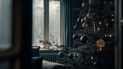Beautifully decorated Christmas tree with dark ornaments and warm lights stands by window, creating cozy and elegant atmosphere dimly lit room. scene captures essence of minimalist