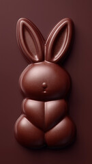 Chocolate bunny with smooth, glossy finish is centered against rich brown background, showcasing its cute and detailed design. lighting highlights its texture, creating delightful and appetizing