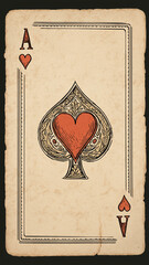 Ornate playing card design featuring Ace of Hearts with intricate detailing and vintage aesthetic. card displays large heart symbol center, surrounded by decorative patterns, evoking classic