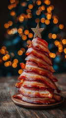 Festive Christmas tree made of stacked bacon slices, topped with glittery star, stands on wooden surface with warm bokeh lights in background, creating cozy holiday atmosphere