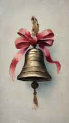Vintage painting of antique Christmas bell with red ribbon evokes nostalgia and holiday cheer. textured brushstrokes enhance its classic charm