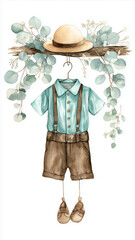 Watercolor illustration of cute baby boy outfit with blue shirt, brown shorts, suspenders, and shoes hanging on branch with eucalyptus leaves and straw hat