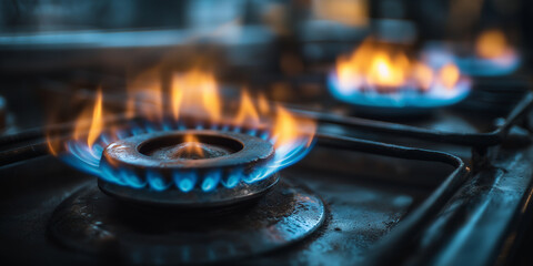 Close up image of gas stove burner with bright blue flame, creating warm and inviting atmosphere in kitchen setting. focus is on vibrant colors and details of flame