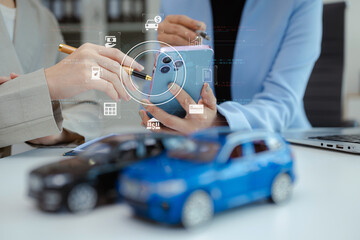 Female signing car insurance document or lease. Writing signature on contract or agreement. Buying or selling new or guarantee.