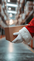 Santa Claus holding cardboard box in warehouse, creating festive atmosphere. image captures spirit of holiday deliveries with focus on logistics and gift distribution