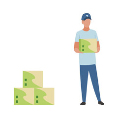 A delivery man is carefully holding a box next to a large pile of boxes