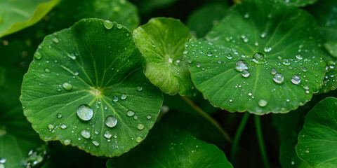 Vibrant green centella asiatica leaves with water droplets create fresh and natural scene. close up view highlights texture and vitality of foliage