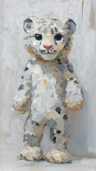 Naive childlike oil painting of snow leopard full body, showcasing its playful and innocent expression. artwork captures essence of young snow leopard with textured, artistic style