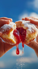 Close up of hands holding jelly filled doughnut, with red jelly oozing out against blue sky background. doughnut is dusted with powdered sugar, creating sweet and inviting scene