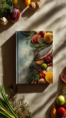 Cookbook cover featuring vibrant and appetizing ingredients beautifully arranged, including fish, vegetables, and herbs, creating fresh and inviting culinary scene