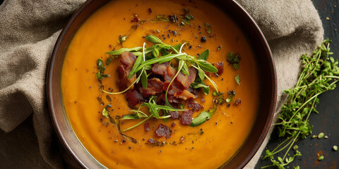 Bowl of creamy sweet potato soup topped with crispy bacon and fresh herbs, creating comforting and savory dish. vibrant orange color is complemented by green garnish