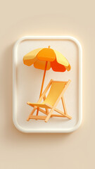 Miniature beach chair with small orange sun umbrella creates relaxing and cheerful vibe. soft beige background enhances summery feel of scene