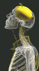 Digital artwork of human skeleton with yellow lemon on its head, symbolizing creativity and humor. skeleton is detailed, with focus on skull and spine, set against dark background