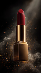 Luxurious red lipstick with golden case floating in dark, smoky background, exuding elegance and sophistication