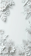 White background with delicate white flowers and leaves on edges creates elegant and serene design. intricate floral patterns add touch of sophistication and tranquility