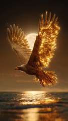 Majestic eagle flying over ocean at sunset with enormous glowing wings, creating magical and serene atmosphere. moon shines brightly in background