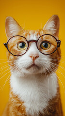 Curious yellow white cat wearing glasses against vibrant yellow background, exuding playful and intelligent vibe