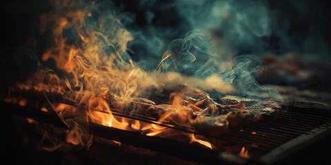 Dramatic scene of meat grilling over open flames, with smoke swirling in air, creating cinematic and intense atmosphere. fire glow highlights texture of meat