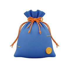 Blue drawstring pouch with orange ribbon isolated on transparent background