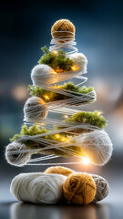 Christmas tree creatively decorated with yarn and balls of yarn, featuring warm lights and greenery, creates cozy and festive atmosphere