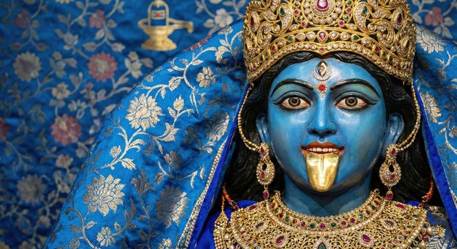 Blue skinned goddess Kali with gold crown and tongue sticking out Hindu goddess jewelry
