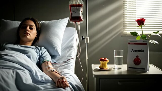 Adult patient receiving a blood transfusion for iron deficiency, low red blood cell count, and erythropenia. Resting in a hospital room, an anemia guide and a red rose nearby.