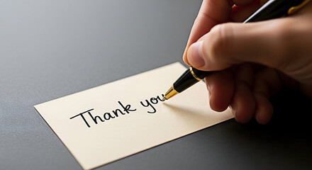 Hand writing a thank you note with a fountain pen on a beige card expressing gratitude and appreciation for a gift service or kindness conveying a personal and heartfelt message of thanks