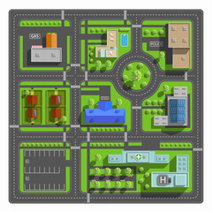 Top aerial view city with houses, buildings, and streets with roads. Vector illustration.