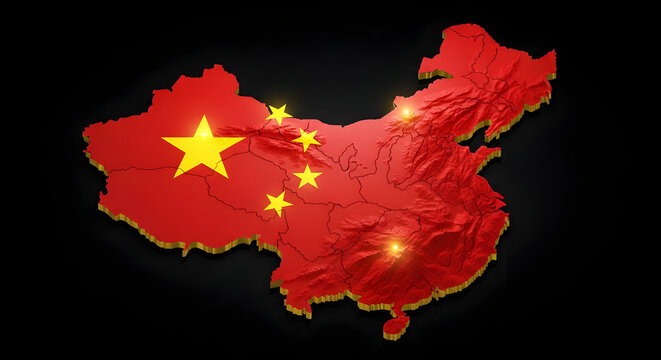 Detailed 3d relief map of china showcasing flag texture and glowing economic hubs