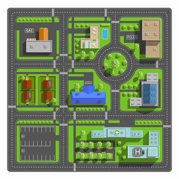 Top aerial view city with houses, buildings, and streets with roads. Vector illustration.