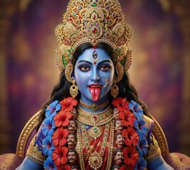 Fototapeta premium Blue skinned Hindu goddess Kali with ornate crown and flower garland deity divine