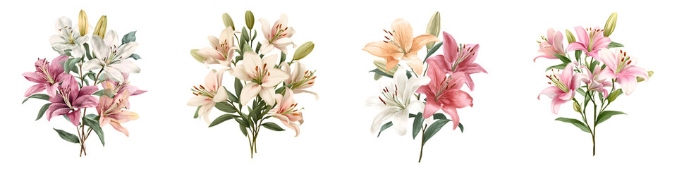 Fototapeta premium Elegant Lily Bouquet Set - Watercolor Floral Arrangement, White Background