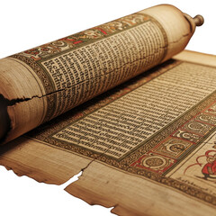 Ancient scroll with intricate text and decorations isolated on transparent background
