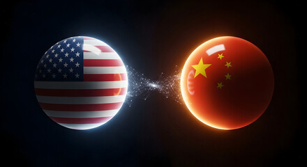 United states of america and china flags connecting global digital network