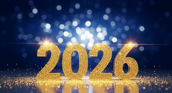 Golden glitter 2026 text with sparkling blue bokeh background celebration