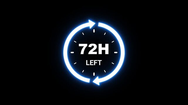 Digital clock graphic showing 72 hours left with illuminated blue arrows on a black canvas countdown