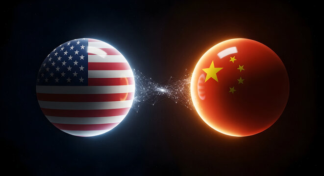 United states of america and china flags connecting global digital network