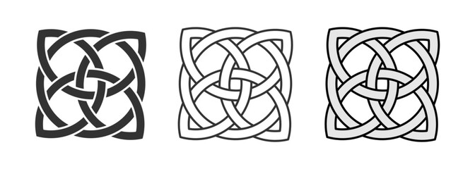 Set of three Celtic knot designs in bold, outline, and shaded styles. Traditional interlaced pattern symbolizing eternity, unity, and heritage. Perfect for tattoos, logos, craft. Vector illustration. 
