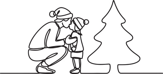 Continuous one-line drawing illustration of a parent and child near a Christmas tree.
