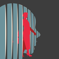 A minimalistic vector illustration of a businesswoman walking confidently through vertical abstract panels shaped like human profiles