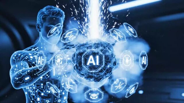 Abstract explosion of digital icons and data streams around a translucent human silhouette artificial intelligence.