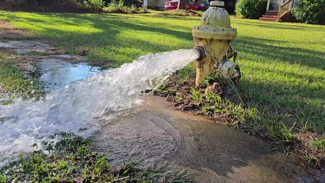 A 22 second video, shot from eye level, of an open fire hydrant gushing water out on the ground.